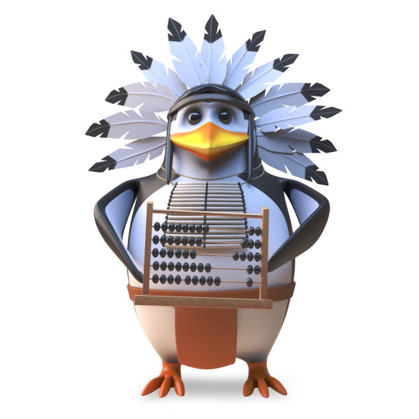 istock Cartoon native American Indian chieftain penguin using an abacus for maths, 3d illustration 1162342770