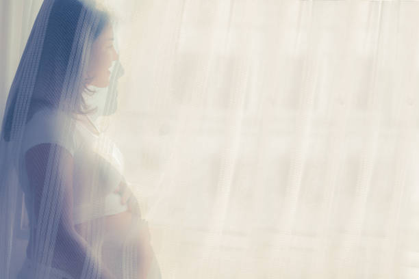 Pregnant woman standing against the window