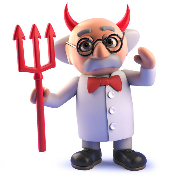3d rendered image of a funny cartoon 3d mad scientist wearing devil horns and holding satans trident