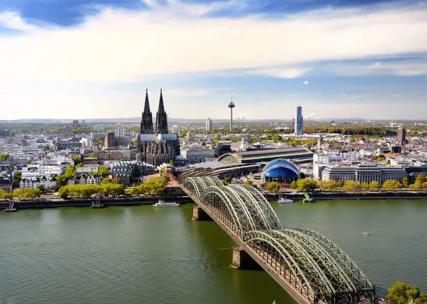 Top view of Koel. View on Cologne Cathedral and Hohenzollern Bridge in Koel, Germany. Tourism and travel by Germany. Tourism and travel by Germany