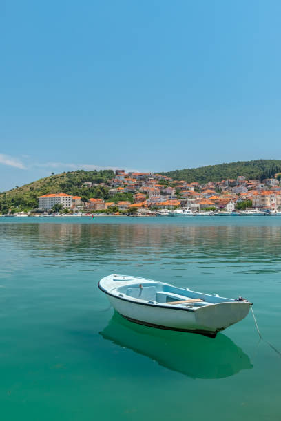 Trogir landmarks rooftops and turquoise sea view, UNESCO town in Dalmatia, Croatia