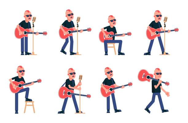Singer guitarist with acoustic guitar in various poses Singer guitarist with acoustic guitar in various poses. Rock Star with a punk hairstyle in black glasses. Vector isolated illustration. hair band stock illustrations