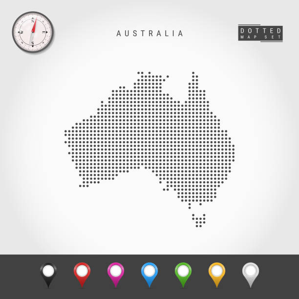 illustrazioni stock, clip art, cartoni animati e icone di tendenza di mappa dei punti vettoriali dell'australia. silhouette semplice dell'australia. bussola vettoriale realistica. pin mappa multicolore - british empire immagine