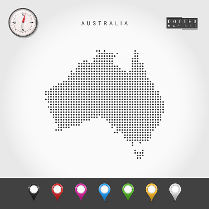 Dots Map of Australia. Simple Silhouette of Australia. Realistic Vector Compass. Set of Multicolored Map Markers. Vector Illustration.