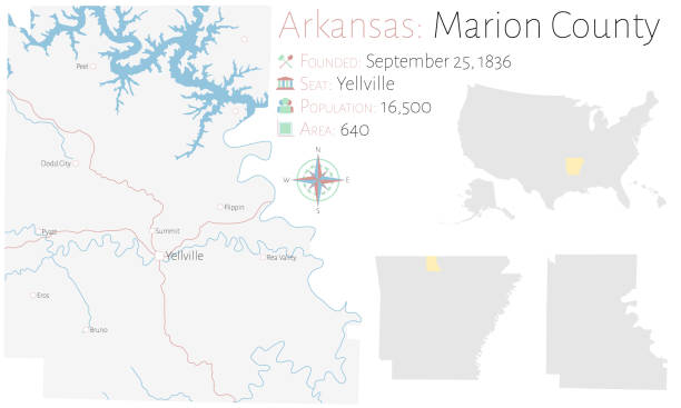 karte von marion county in arkansas - maroon stock-grafiken, -clipart, -cartoons und -symbole