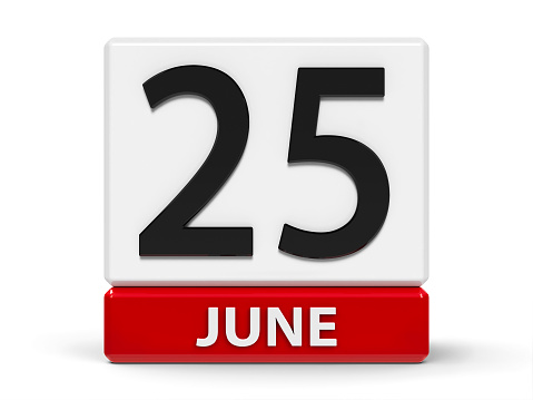Red and white calendar icon from cubes - The Twenty Fifth of June - on a white table - Day of the Seafarer, three-dimensional rendering, 3D illustration