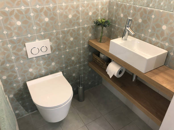 Image of modern white luxury washroom / bathroom cloakroom WC suite with contemporary curved wall hung toilet pan hanging on washroom wall, small rectangular sink basin, single chrome mixer tap on wooden shelf surface, toilet roll, brush, patterned tiles Stock Photo of modern white luxury washroom / bathroom cloakroom WC suite with contemporary curved wall hung toilet pan hanging on washroom wall, small rectangular sink basin, single chrome mixer tap on wooden shelf surface, toilet roll, brush, patterned tiles hanging stone stock pictures, royalty-free photos & images