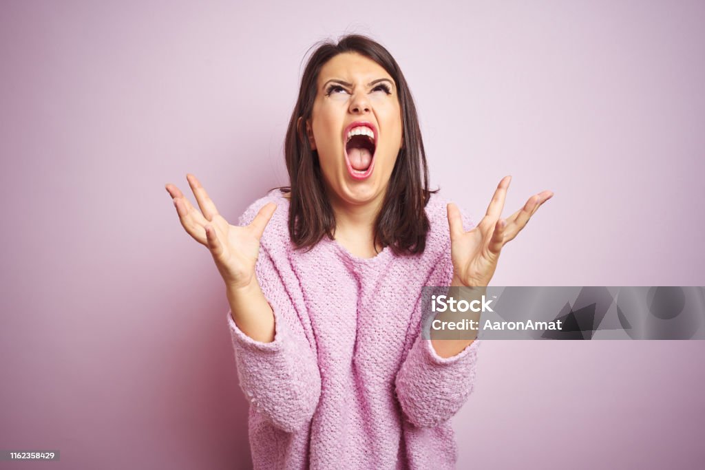 Young beautiful brunette woman wearing a sweater over pink isolated background crazy and mad shouting and yelling with aggressive expression and arms raised. Frustration concept. One Woman Only Stock Photo