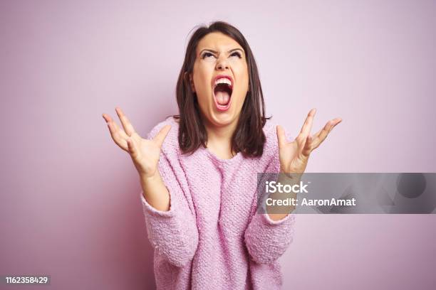 Young Beautiful Brunette Woman Wearing A Sweater Over Pink Isolated Background Crazy And Mad Shouting And Yelling With Aggressive Expression And Arms Raised Frustration Concept Stock Photo - Download Image Now