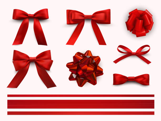 łuki z zestawem wstążek, dekoracyjny i świąteczny design - czerwony stock illustrations