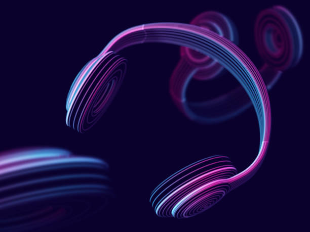 headphone 3d modern pada latar belakang gelap. visualisasi abstrak suara digital. - headphone in ear nirkabel foto ilustrasi stok