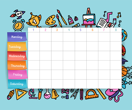 Calendar schedule with stickers. School planning or scheduling work. Vector volume illustration. Vector Template School timetable for students and pupils. hand drawn elements of school supplies.