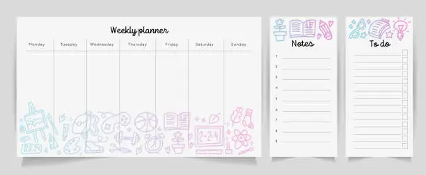 Vector illustration of Weekly planner template concept with school supplies texture gradient pattern. Isolated organizer and schedule with notes and to do list. Vector eps 10.