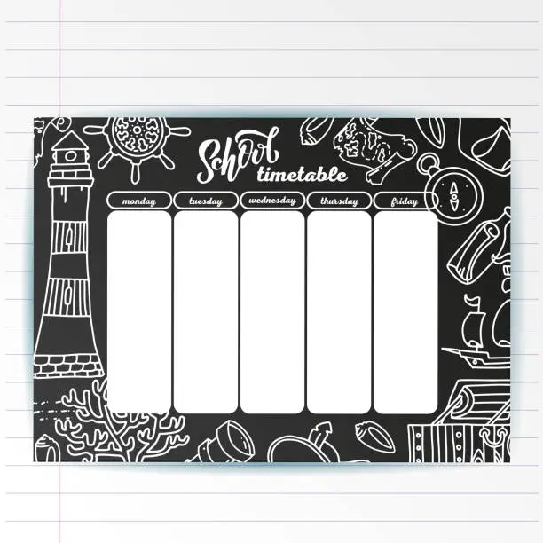 Vector illustration of School timetable template on chalk board with hand written chalk text and Adventure sea symbols. Weekly lessons shedule in sketchy style decorated with hand drawn school doodles on blackbord.