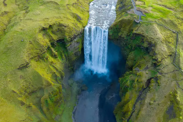 Aerial drone view of Skogafoss waterfall, Iceland