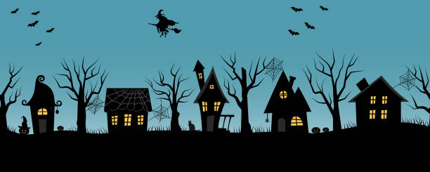 halloween-häuser. gruseliges dorf. nahtlose grenze - halloween witch domestic cat frame stock-grafiken, -clipart, -cartoons und -symbole