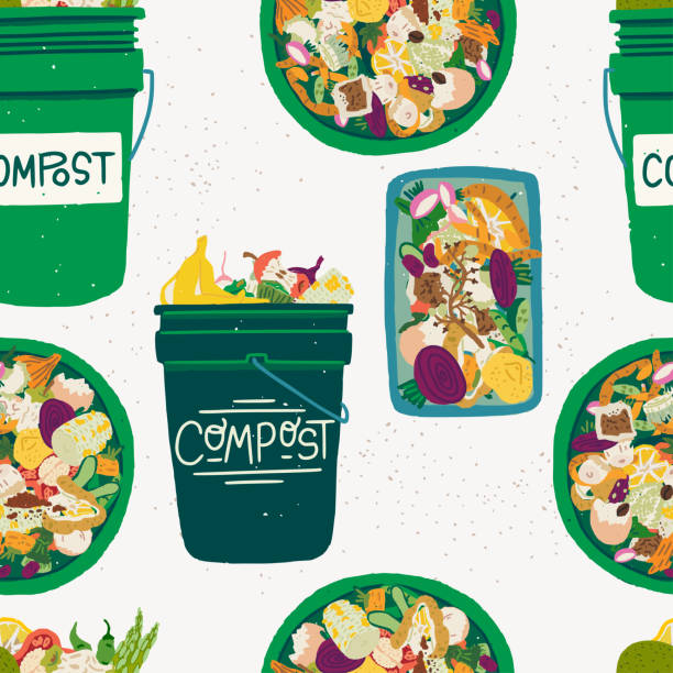 illustrazioni stock, clip art, cartoni animati e icone di tendenza di modello senza cuciture con bidoni del compost e scarti alimentari - spreco alimentare