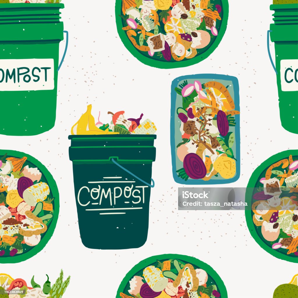 Compost Pattern Vector Seamless Pattern With Compost Bins And Food Scraps Stock Illustration ...