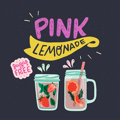 Pink Lemonade and Sugar Free lettering inscriptions with flat style mason jars on dark background. Two glasses with infused water, mint leaves, strawberry bits, grapefruit slices and rosemary. Vector