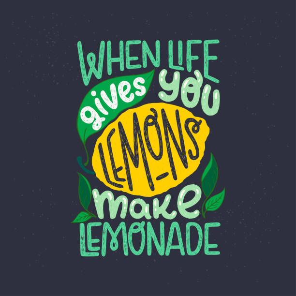 When Life Gives You Lemons Make Lemonade quote Inspiring lettering saying When Life Gives You Lemons Make Lemonade on black chalkboard. Green and yellow hand drawn inscription with citrus fruit and leaves. Sunny phrase for poster, apparel, print sayings stock illustrations
