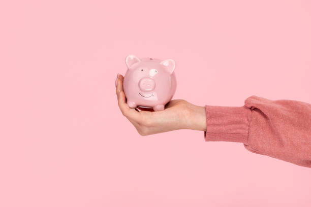 Crop hand presenting piggy bank stock photo