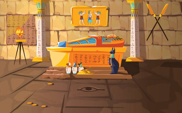 Ancient Egypt tomb of pharaoh cartoons vector Ancient Egypt tomb of pharaoh cartoons vector illustration. Egyptian pyramid interior with golden sarcophagus, hieroglyphs and mural, ritual vases and other religious symbols, treasure egyptian palace stock illustrations