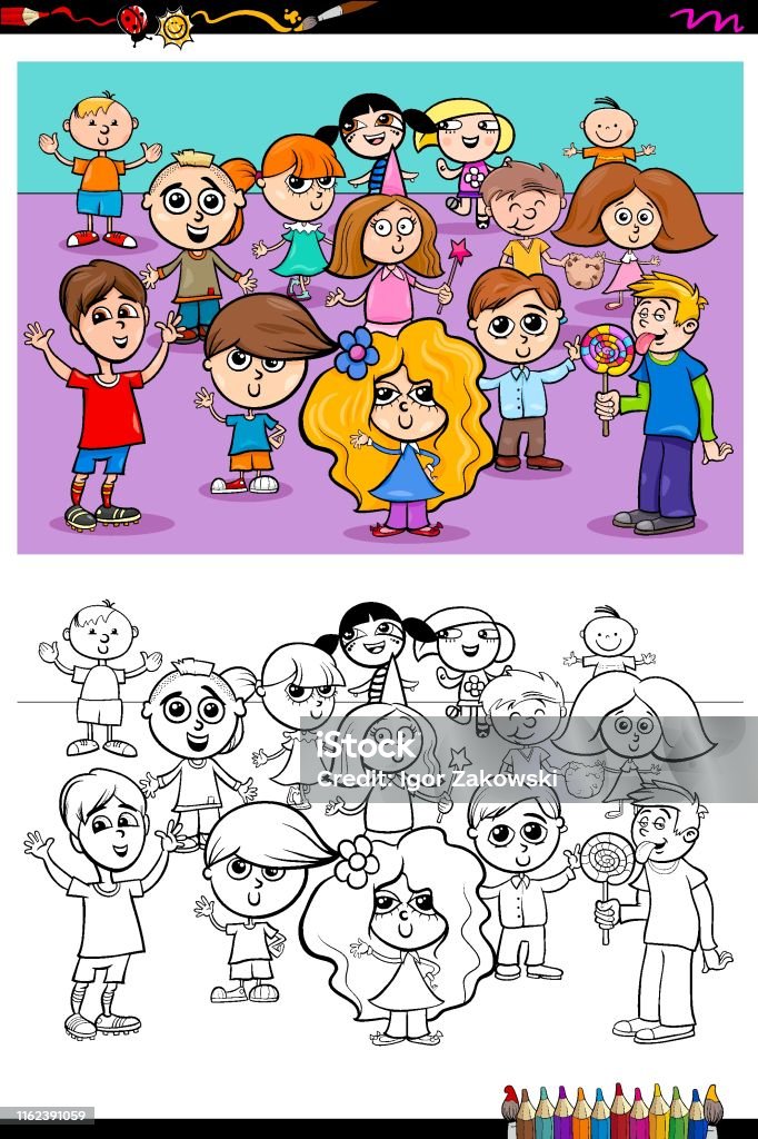 Coloring Character Activity Happy Kids Characters Group Coloring Book Stock Illustration - Download ...