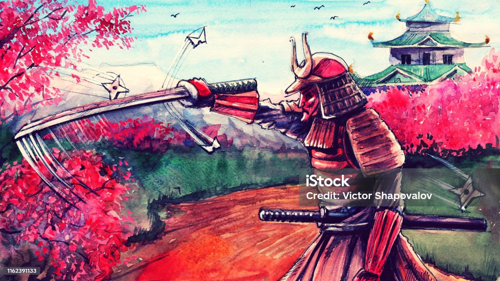 Japanese Watercolor Landscape With Samurai Battle Fantasy Painting