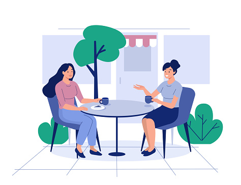 Two girls sit in cafe and drink coffee. Flat style modern vector illustration.