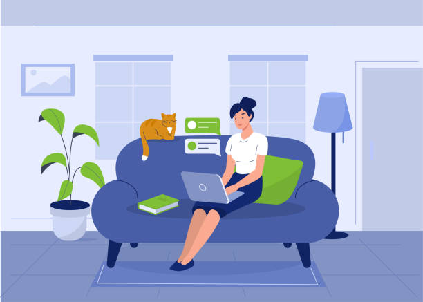 woman Happy woman sitting on sofa with laptop. Flat style modern vector illustration. living room stock illustrations