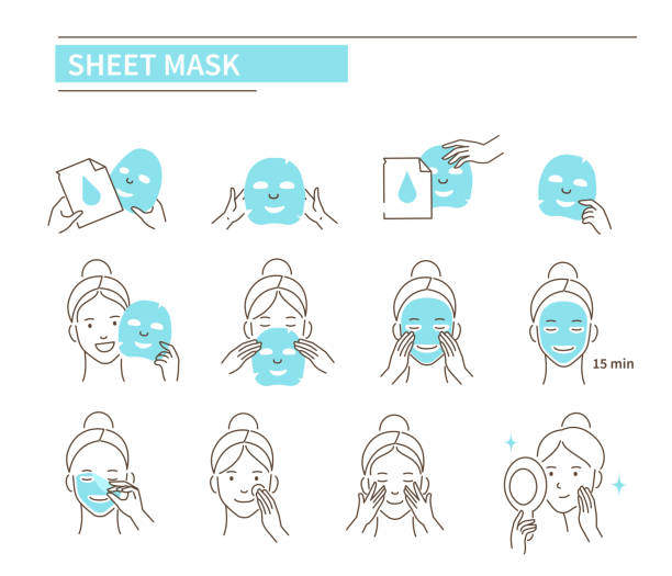 sheet facial mask Steps how to apply sheet  facial mask. Line style vector illustration isolated on white background. facial mask woman stock illustrations