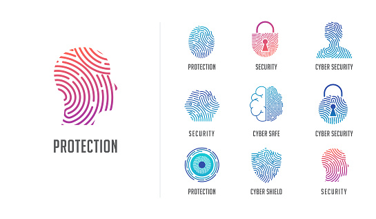 Fingerprint scan logo, privacy, cyber security ,identity information and network protection. Person head, brain, cloud and lock icons. Vector icon collection