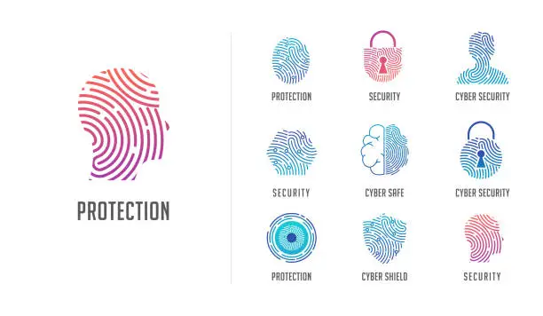 Vector illustration of Fingerprint scan logo, privacy, cyber security ,identity information and network protection. Person head, brain, cloud and lock icons. Vector icon design