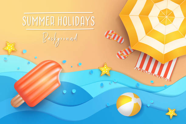 Summer holidays illustration. Paper cut tropical beach top view background with umbrella, flip flops, ball and swim Ice cream air mattress. Summer holidays banner design template for poster, web, social media and mobile apps. Paper cut tropical beach top view background with umbrella, flip flops, ball and swim Ice cream air mattress. beach holidays stock illustrations