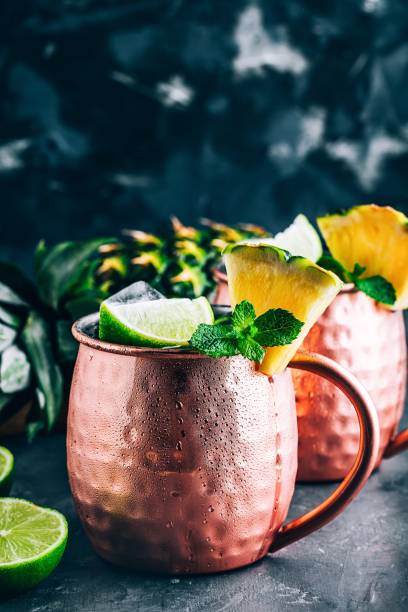 istock Iced Cold Moscow Mule cocktail with lime and pineapple on dark background 1162395215