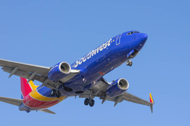 Southwest Airlines jet LAX Airport, CA/USA, June 21, 2015: Image of a Southwest Airlines Boeing 737 shown arriving at LAX. boeing 737 photos stock pictures, royalty-free photos & images
