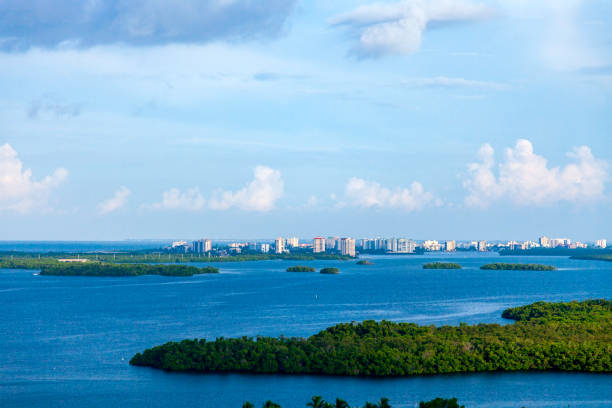 Aerial View of Estero Bay Aquatic Preserve in Bonita Springs Florida and the Estero Island Resort Hotels and Condos stock photo