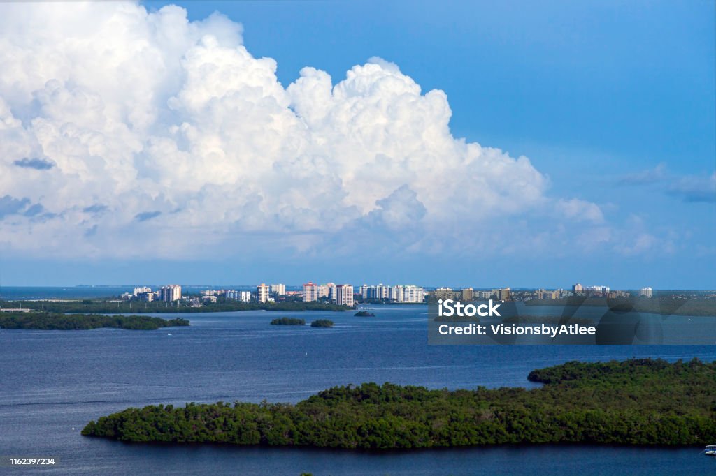 Aerial View of Estero Bay Aquatic Preserve in Bonita Springs Florida and the Estero Island Resort Hotels and Condos Florida - US State Stock Photo