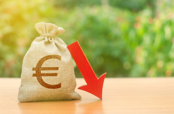 Money bag with Euro symbol and red arrow down. Reduced profits and liquidity of investments. Reduced tax revenues, economic difficulties, departure of capital, investors. Falling wages and welfare bolsa de dinero con símbolo euro y flecha roja hacia abajo. reducción de los beneficios y liquidez de las inversiones. reducción de los ingresos fiscales, dificultades económicas, salida de capital, inversores. disminución de los salarios y el bienest