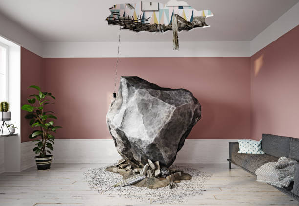 meteor falling into the living room. meteor falling into the living room. 3d rendering concept property damage stock pictures, royalty-free photos & images