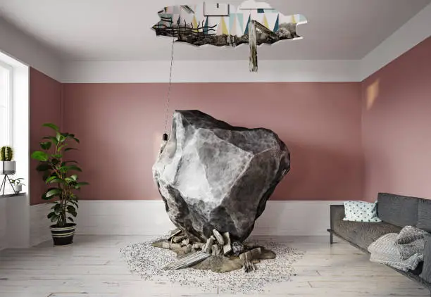 meteor falling into the living room. 3d rendering concept