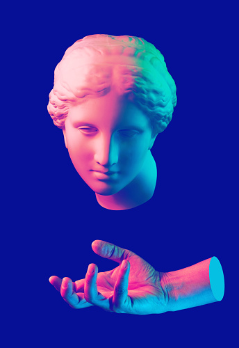 Modern conceptual art colorful poster with ancient statue of bust of Venus and hands. Collage of contemporary art.