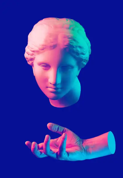 Photo of Modern conceptual art poster with ancient statue of bust of Venus and hands. Collage of contemporary art.