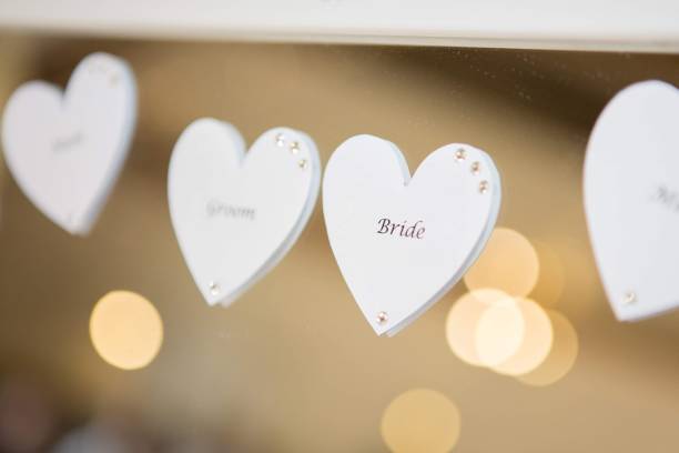 istock Bride and groom written on heart on mirror 1162408068