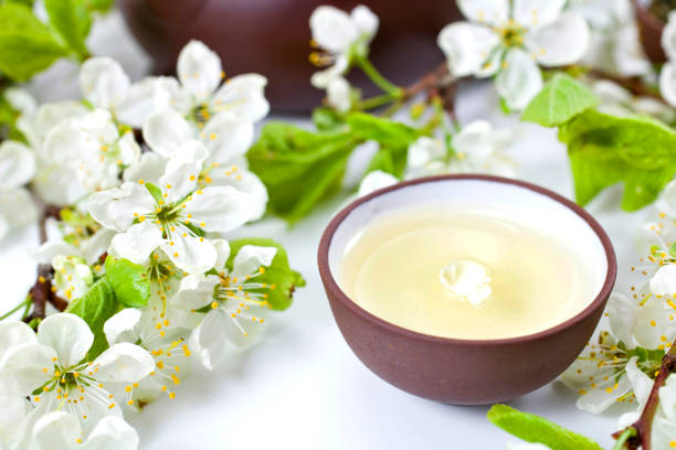 té verde en una taza de cerámica con ramas de manzano en flor - green tea cherry blossom china cup fotografías e imágenes de stock