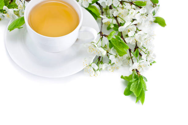 istock Green tea in a ceramic cup with branches of blossoming apple tree 1162408572