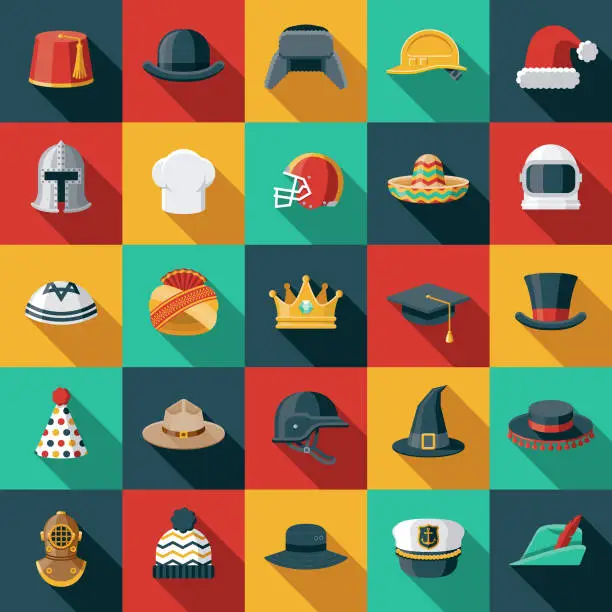 Vector illustration of Hats and Helmets Flat Design Icon Set