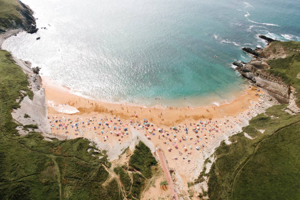 Aerial view of a beautiful beach with a large number of people and beach umbrellas