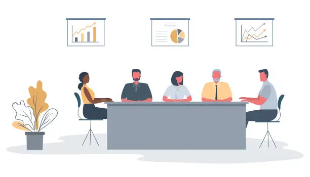 Vector illustration of Office workers during the meeting. Employees are sitting at the table in the office