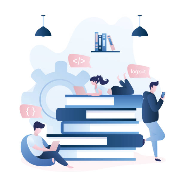 Various people with smart gadgets,books on background,education and skill improvement Various people with smart gadgets,books on background,education and skill improvement concept,male and female characters,trendy style vector illustration book dedication stock illustrations